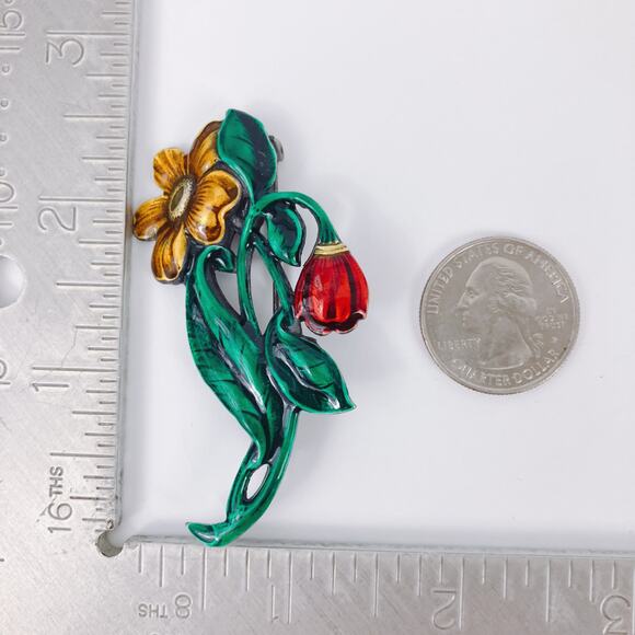 VTG 1930s 1940s Silver Enamel Floral Flower Brooch Mid Century Jewelry EUC - Picture 8 of 9